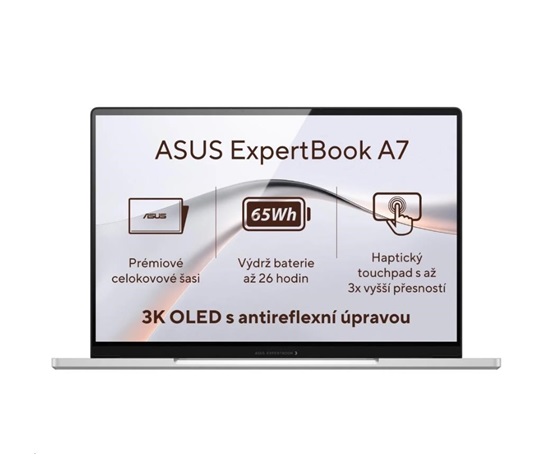 ASUS NTB ExpertBook A7 (A7406CMA-OLEDC516512W), core 5 320, 14" 2880 × 1800, 16 GB, 512 GB SSD, Intel, W11H, Silver