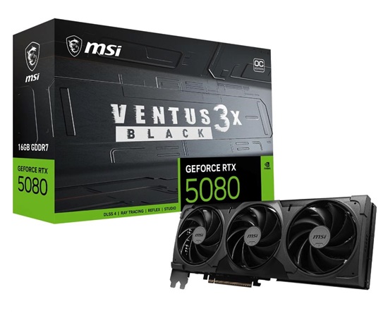 MSI VGA NVIDIA GeForce RTX 5080 16G VENTUS 3X OC BLACK, RTX 5080, 16GB GDDR7, 3xDP, 1xHDMI