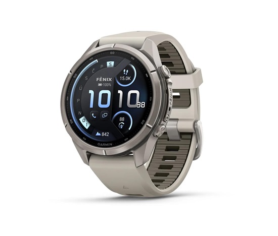 Garmin fenix® 9 Pro – inReach®, 43mm, Titanium se silikonovým řemínkem Fog Gray / Dark Sandstone