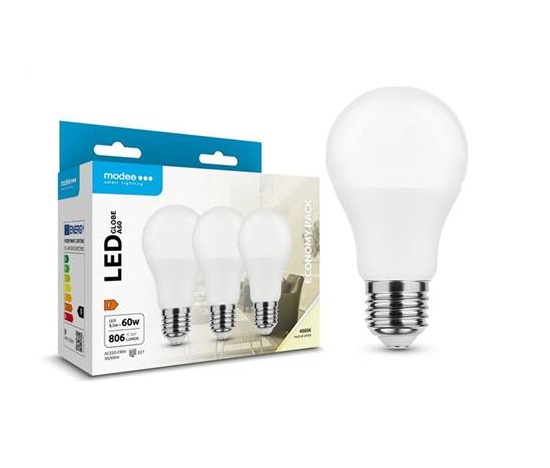 Modee E27 8,5W A60 LED 3ks Economy pack studená 4000K