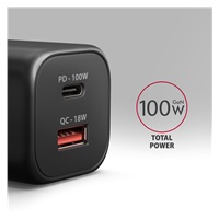 AXAGON ACU-PQ100, GaN nabíječka do sítě 100W, USB-A + USB-C, PD3.0/PPS/QC4+/SFC2.0/Apple, černá