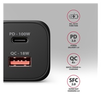 AXAGON ACU-PQ100, GaN nabíječka do sítě 100W, USB-A + USB-C, PD3.0/PPS/QC4+/SFC2.0/Apple, černá