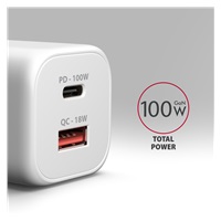 AXAGON ACU-PQ100W, GaN nabíječka do sítě 100W, USB-A + USB-C, PD3.0/PPS/QC4+/SFC2.0/Apple, bílá