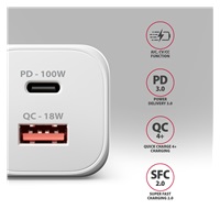 AXAGON ACU-PQ100W, GaN nabíječka do sítě 100W, USB-A + USB-C, PD3.0/PPS/QC4+/SFC2.0/Apple, bílá