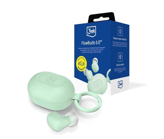 3mk FlowBuds 6.0 Mint Green bezdrátová sluchátka, Bluetooth 6.0, pouzdro s klipem, mátově zelená