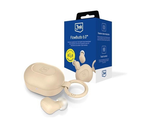 3mk FlowBuds 6.0 Sand bezdrátová sluchátka, Bluetooth 6.0, pouzdro s klipem, písková