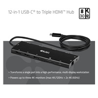 Club3D hub USB-C, 12-in-1 hub s 3xHDMI, 1xUSB-C PD, 2x USB-C, 2xUSB, 1x3.5mm jack, RJ45, microSD/SD, 100W, 1m kabel