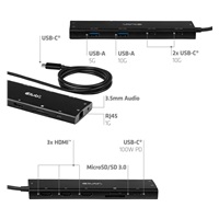 Club3D hub USB-C, 12-in-1 hub s 3xHDMI, 1xUSB-C PD, 2x USB-C, 2xUSB, 1x3.5mm jack, RJ45, microSD/SD, 100W, 1m kabel