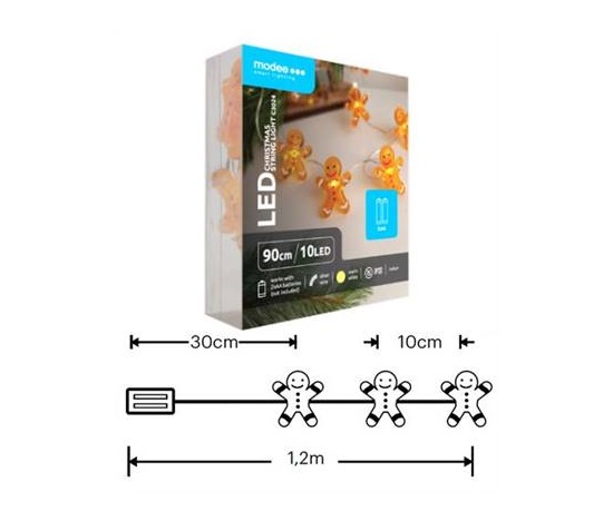 Modee ML-C3024 10LED 90cm perníček vánoční řetěz nano, 2xAA teplá IP20 (Baterie nejsou součástí balení)