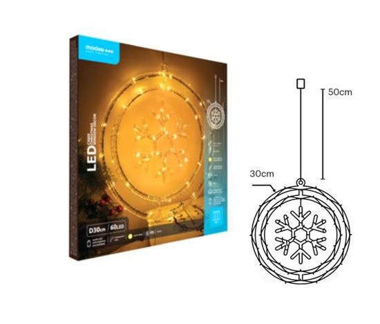 Modee ML-C3009 60LED D30cm vločka v kruhu vánoční dekorace pro okno, 3xAA teplá IP20 (Baterie nejsou součástí balení)