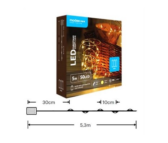 Modee ML-C1010 50LED 5m nano vánoční řetěz, 3xAA teplá IP20 (Baterie nejsou součástí balení)