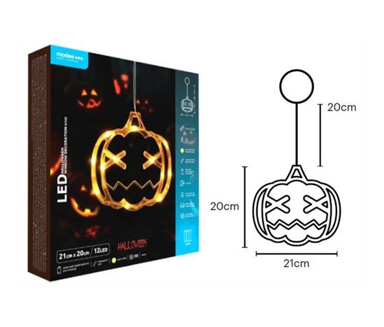 Modee ML-H102 12LED 21cm dýně halloween dekorace pro okno, 3xAA teplá IP20 (Baterie nejsou součástí balení)