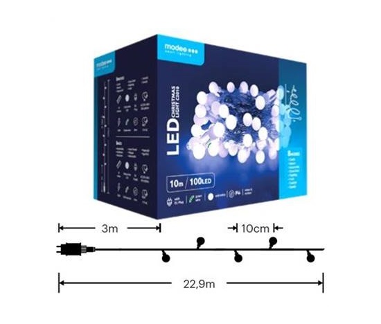 Modee ML-C2010 100LED 10m vánoční řetěz kuličky, studená 8 programů IP44