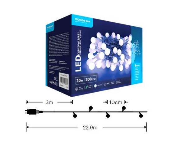 Modee ML-C20102 200LED 20m vánoční řetěz kuličky, studená 8 programů IP44