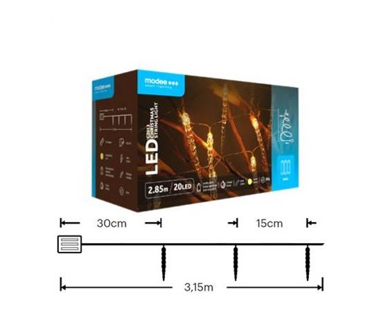 Modee ML-C2013 20LED 2,85m rampouch vánoční řetěz, 3xAA časovač teplá IP44 (Baterie nejsou součástí balení)