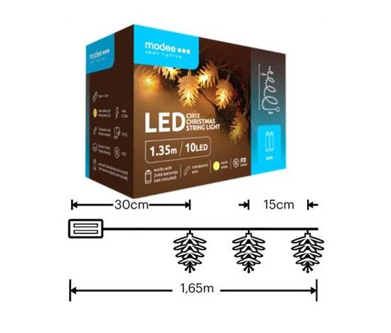 Modee ML-C3012 10LED 1,35m šiška vánoční řetěz, 2xAA teplá IP20 (Baterie nejsou součástí balení)