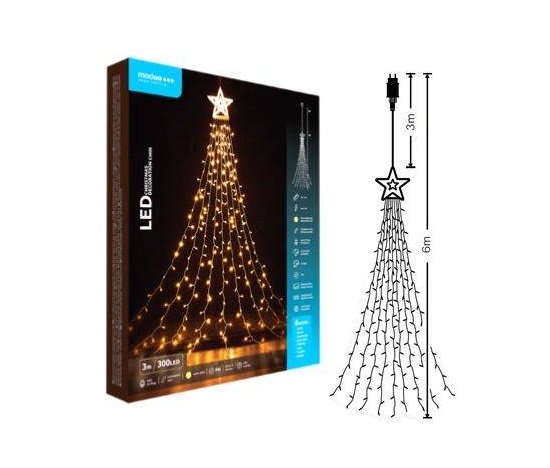 Modee ML-C3000 300LED 3m vánoční řetěz s hvězdou strom, teplá 8 programů IP44
