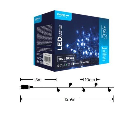 Modee ML-C2002 100LED 10m vánoční řetěz , studená 8 programů IP44