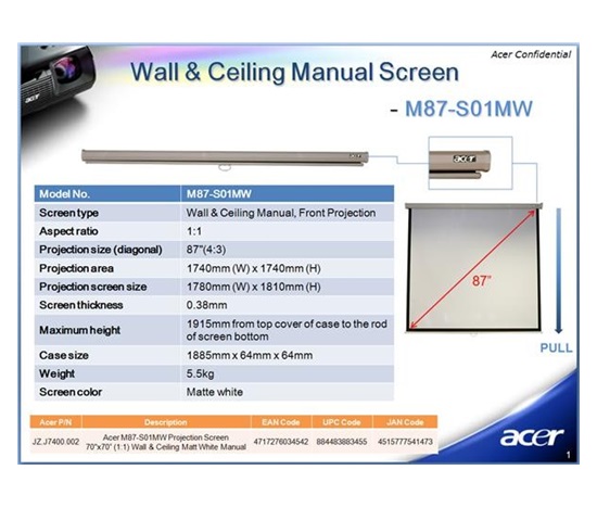 ACER Projekční plátno M87-S01MW, 70x70" Wall & Ceiling Matt White, Manual Projection Screen