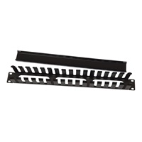 19" vyvazovací panel 1U, celokovový s krytem 40x70mm, průchozí, černý