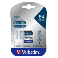 VERBATIM SDXC karta 64GB Pro, U3, V30 (R:90/W:45 MB/s)