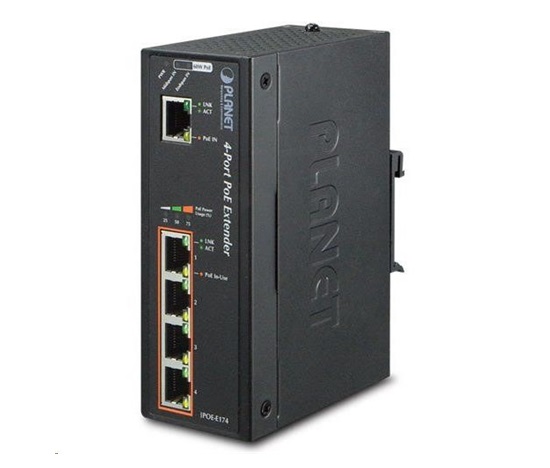 Planet PIPOE-E174 PoE extender + switch, IEEE802.3at, 4 + 1x 1000Base-T, DIN, IP30, 60W