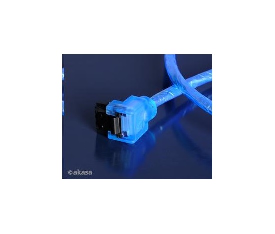 AKASA kabel SATA3 datový kabel k HDD,SSD a optickým mechanikám, zahnutý konektor, modrý UV svítící, 1m