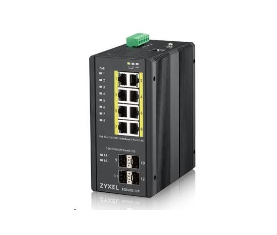 Zyxel RGS200-12P 12-port Gigabit WebManaged PoE switch, 8x GbE + 4x SFP, PoE budget 240W, DIN rail/Wall mount, IP30