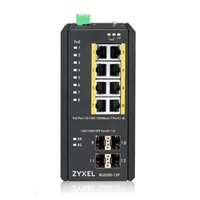 Zyxel RGS200-12P 12-port Gigabit WebManaged PoE switch, 8x GbE + 4x SFP, PoE budget 240W, DIN rail/Wall mount, IP30