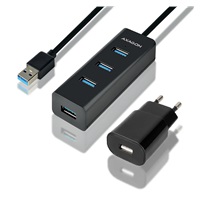 AXAGON HUE-S2BP, 4x USB 3.0 CHARGING hub, vč. AC adaptéru, kabel USB-A 1.2m