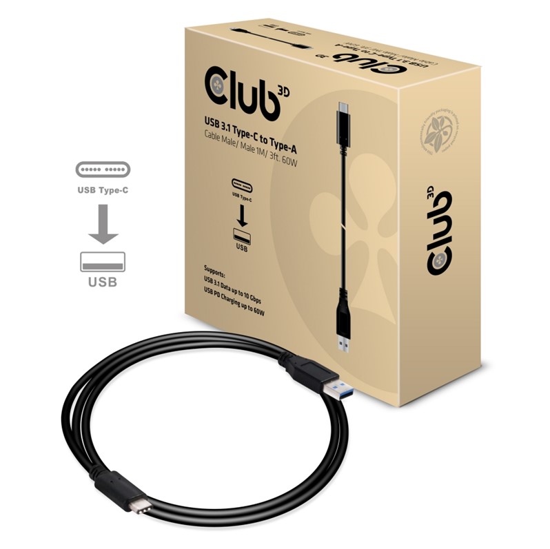 Obr. Club-3D USB 3.1 Type-C to Type-A Cable 10Gbps PD 60W M/M 1m/3ft 873059a