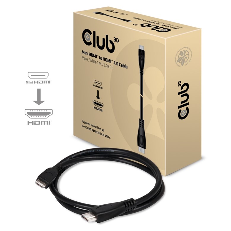 Obr. Club-3D Mini HDMI™ to HDMI™ 2.0 Cable Male/Male 1 M./ 3.28 Ft. 4K@60Hz BI-DIRECTIONAL 875038a