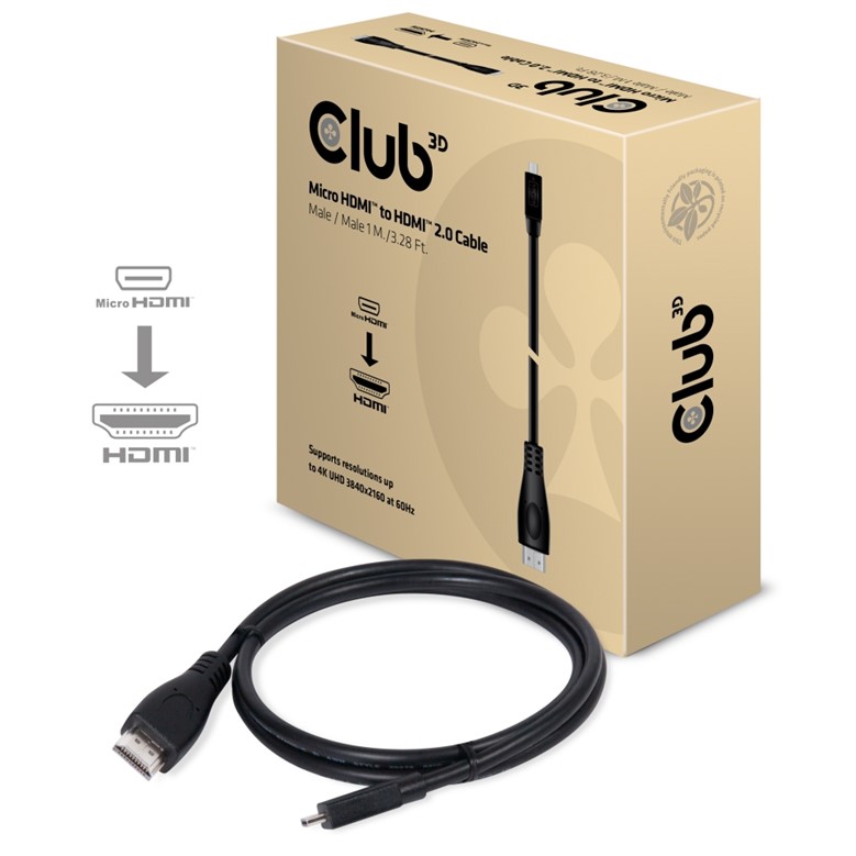 Obr. Club-3D Micro HDMI™ to HDMI™ 2.0 Cable, Male/Male 1 M./ 3.28 Ft.  4K@60Hz BI-DIRECTIONAL 875039a