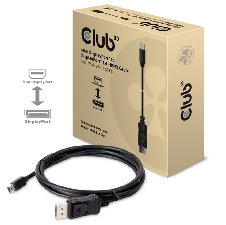 Obr. Club-3D MINI DISPLAY PORT 1.4 MALE TO DISPLAYPORT 1.4 MALE CABLE 2METER / 6.5 FEET 8K@60HZ BI-DIRECTIONAL 875168a