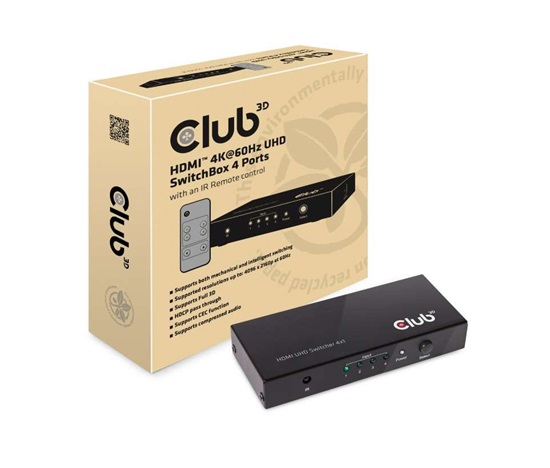 Club3D Video switch 4:1 HDMI 2.0 4K60Hz UHD, 4 porty