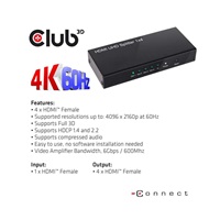 Club3D Video splitter 1:4 HDMI 2.0 4K60Hz UHD, 4 porty