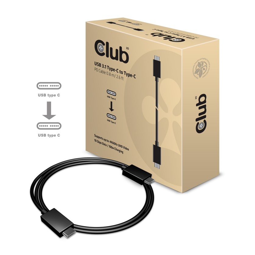 Obr. Club-3D USB 3.1 TYPE C MALE TO TYPE C MALE USB 3.1 (10Gbps) Type C PowerDelivery  0.8M/2.6Ft Cable Support 3840x2160(60Hz) 875277a