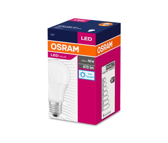 OSRAM LED VALUE ClasA  230V 5,5W 827 E27 noDIM A+ Plast matný 470lm 6500K 10000h (krabička 1ks)